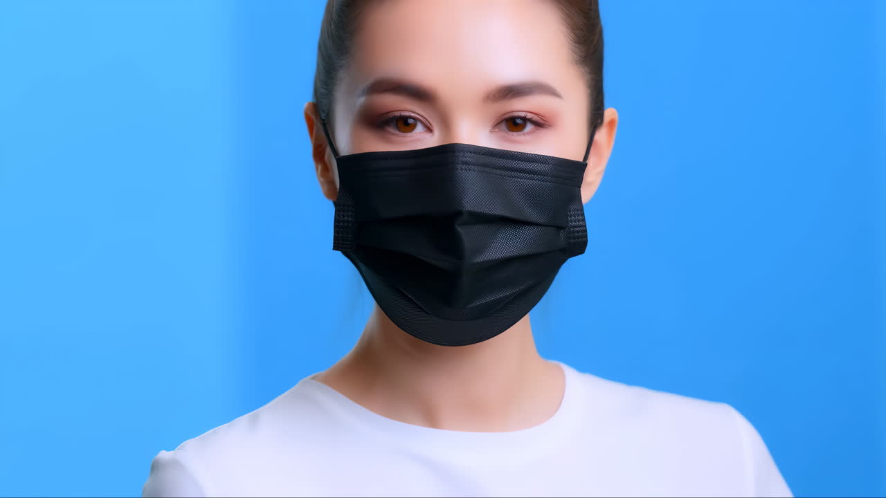Cô gái trẻ đeo khẩu trang đen trên nền xanh