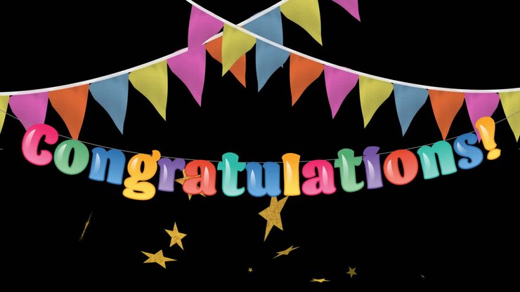 Animation of congratulations text with decorations and stars on black background