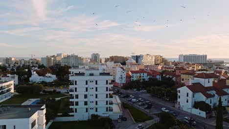 a aerial shot during golden hour in a european town