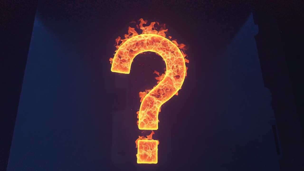 Igniting flaming question mark pulsing inside dark cavern void, with glowing embers