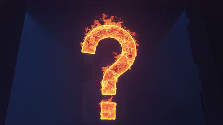 Igniting flaming question mark pulsing inside dark cavern void, with glowing embers