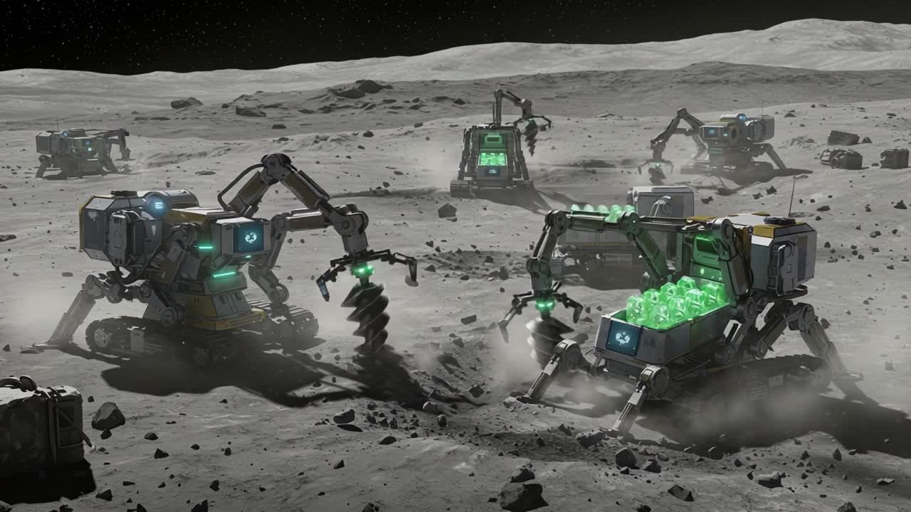 Futuristic Robotics at Work: A Dynamic Extraction Scene Featuring Advanced Machines Harvesting Resources on an Alien Moon Landscape under a Starry Sky