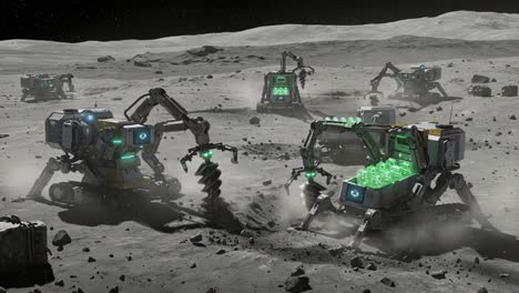 futuristic robotics at work: a dynamic extraction scene featuring advanced machines harvesting resources on an alien moon landscape under a starry sky