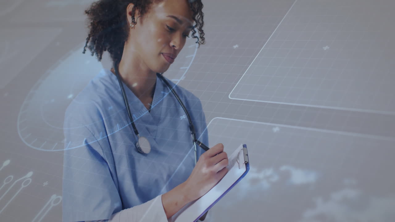 Writing on clipboard, healthcare professional viewing digital data animation overlay