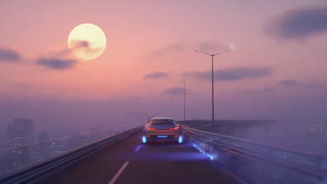 futuristic car driving on an elevated highway at sunset