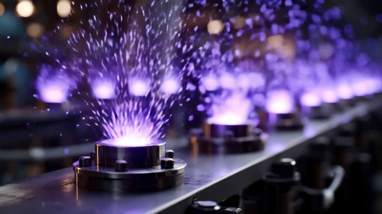 Captivating Visuals of Exciting Sparks and Purple Fluids Erupting from Industrial Nozzles, Demonstrating the Phenomenon of Controlled Combustion in a High-Tech Manufacturing Environment