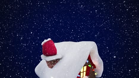 Digital-animation-of-snow-falling-over-house-against-blue-background