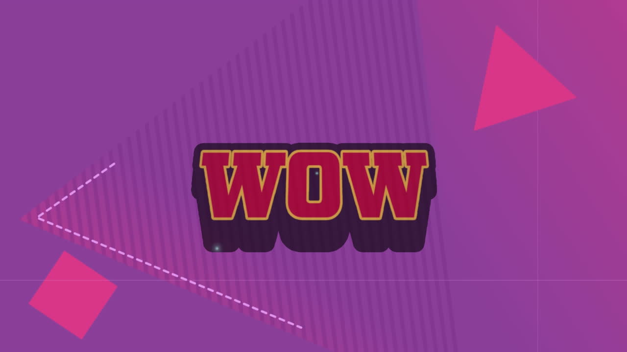 Animation of wow text on retro speech bubble against abstract shapes on purple background