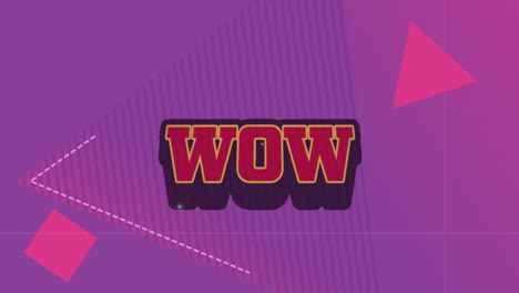 animation of wow text on retro speech bubble against abstract shapes on purple background