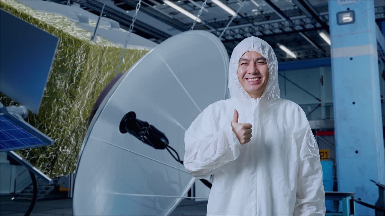 아시아 남성 과학자가 엄지손가락을 올리고 우주선 건설에 미소 짓고 있습니다.