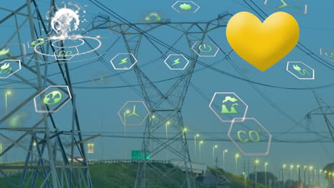 animación de formas e íconos sobre pilares de electricidad.