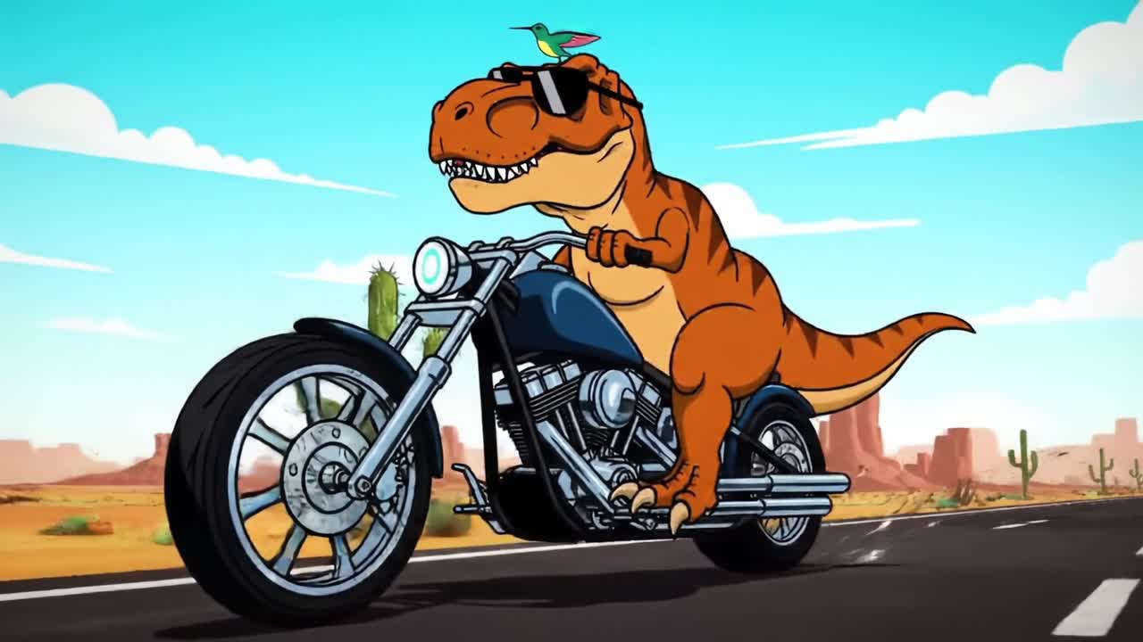 An Animated Tyrannosaurus Rex Riding a Motorcycle with a Hummingbird on Its Head, Showcasing a Fun and Adventurous Scene in a Desert Landscape