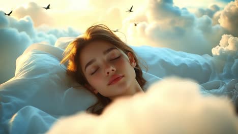 dreamy woman resting on fluffy clouds. a woman rests peacefully on soft clouds, eyes closed, surrounded by a serene, dreamy atmosphere during twilight.