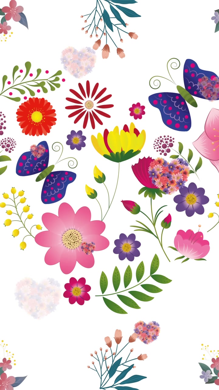 Animation of multiple hearts of flowers over moving flowers on white background