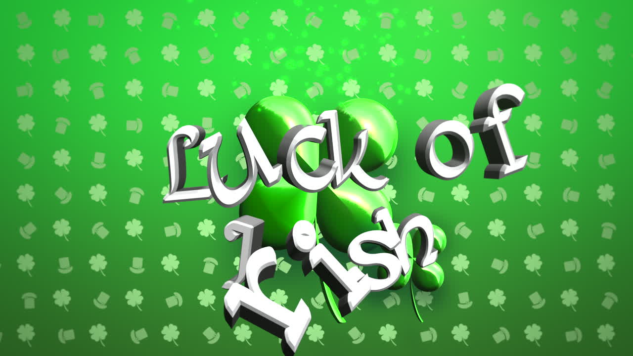 Animations-Nahaufnahme Text Irisches Glück und Bewegung großer grüner Kleeblätter auf glänzendem St. Patrick's Day Hintergrund 1