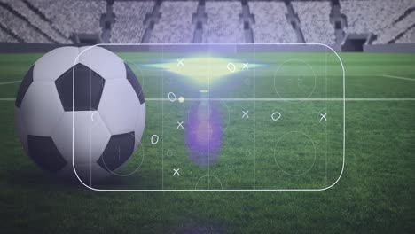 Animation-of-game-plan-and-soccer-ball-at-stadium