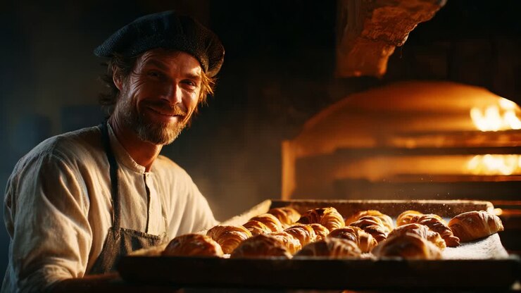 Un abile fornaio mostra con orgoglio un nuovo lotto di dolci in una panetteria rustica, catturando l'essenza della panificazione artigianale in un'atmosfera calda e accogliente