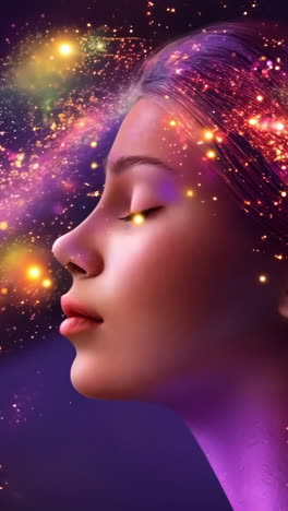 a woman's face is surrounded by a purple and orange cloud of glitter. concept of wonder and magic, as if the woman is in a dream or a fantasy world. the glittery effect adds a sense of movement