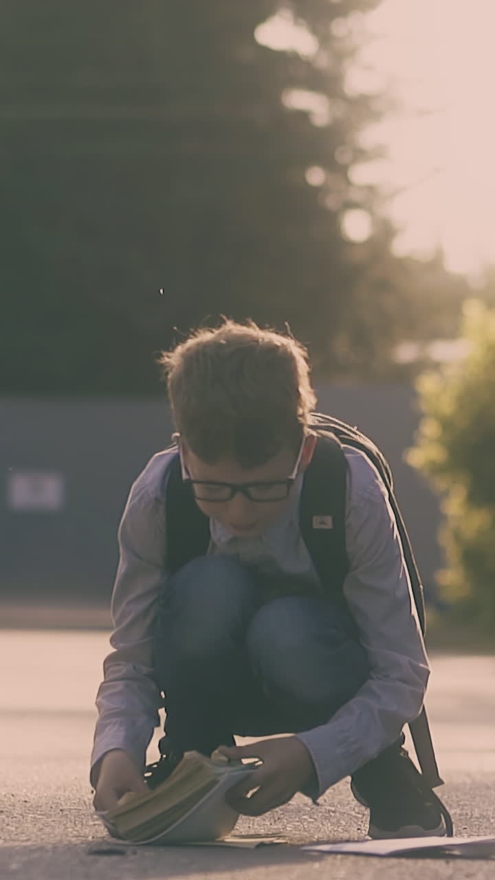 schoolboy in shirt and jeans gathers books and paper sheets on asphalt road lit by bright sunlight slow motion