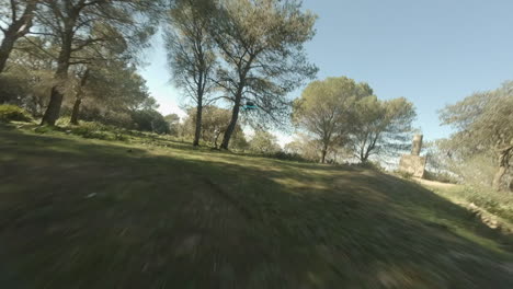 high frame rate fpv flight closely follows racing drone through trees