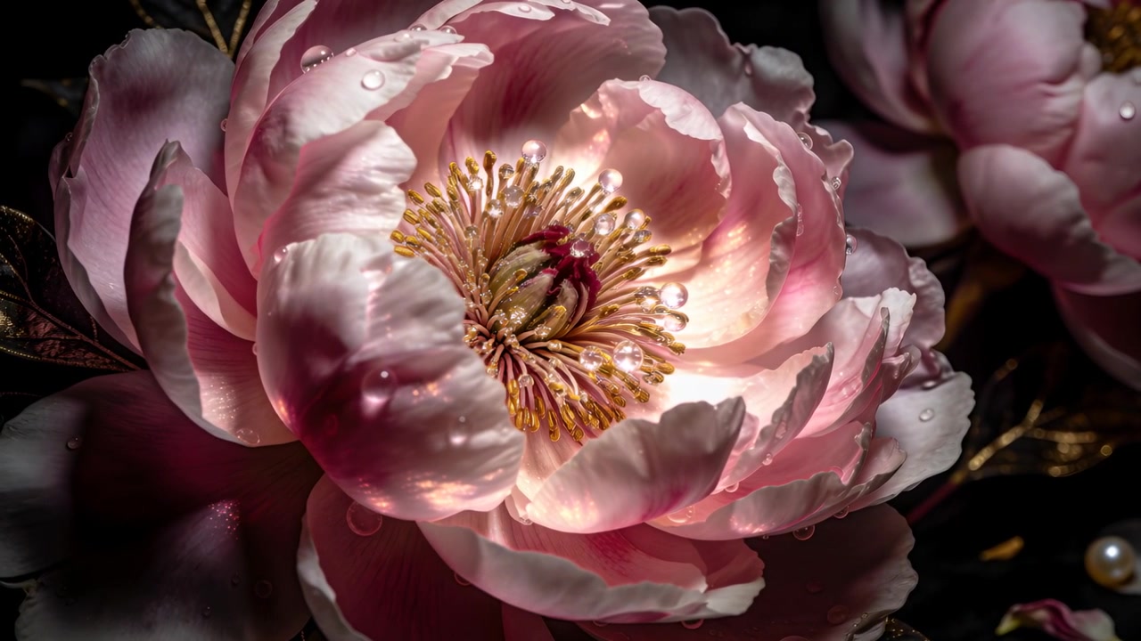 Zooming camera toward single pink peony bloom in studio macro, revealing stamens, dew, gold leaves
