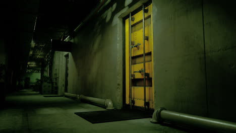 dark corridor with a yellow door