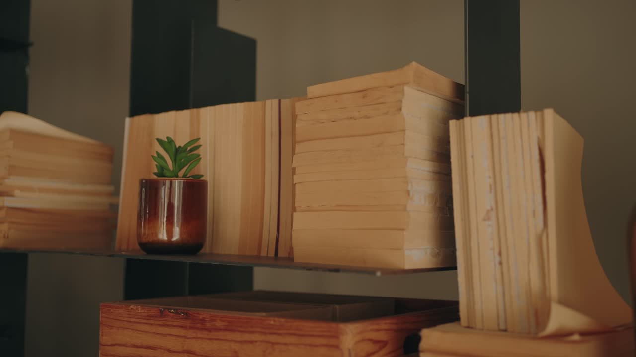 Stack of aged books arranged on a wooden shelf beside a brown glass bottle and small potted plant