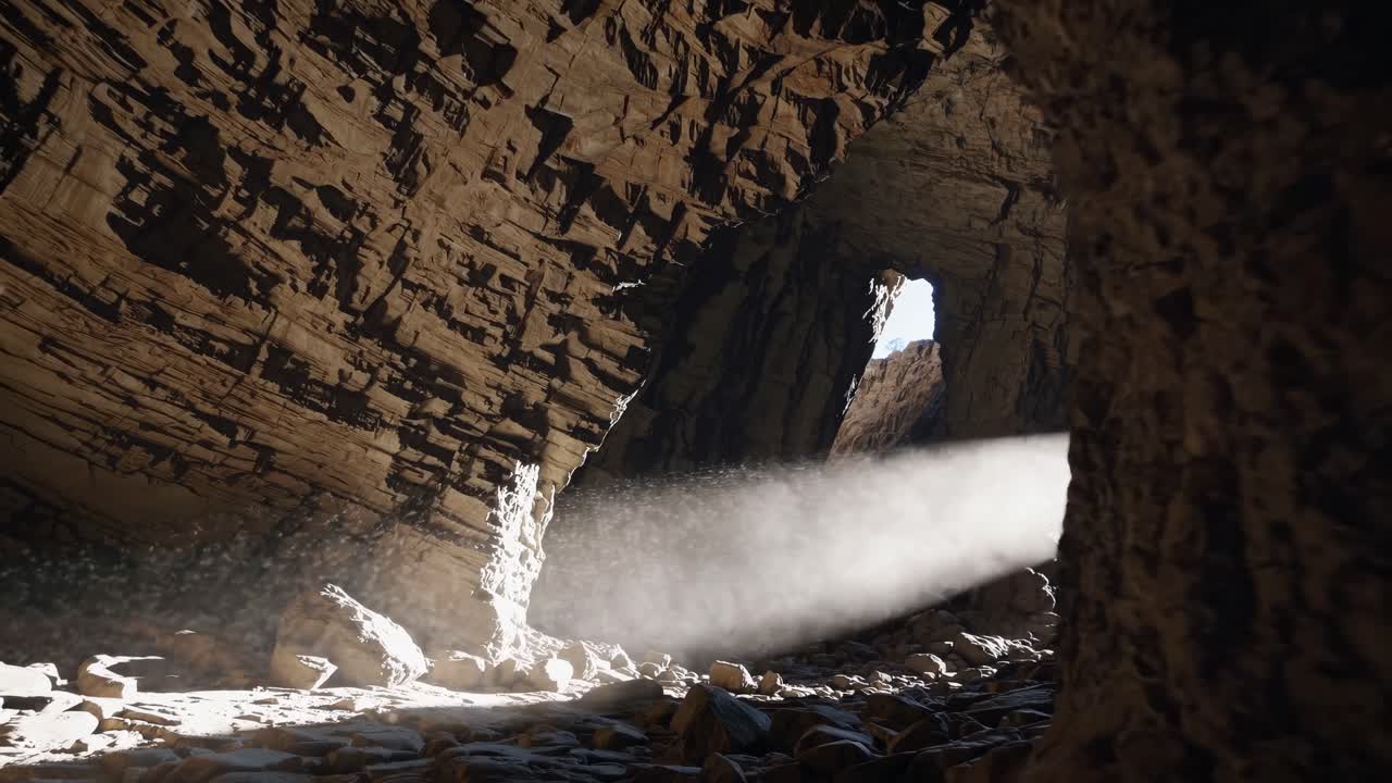Wide-angle shot of sunlight streaming through a cave opening, highlighting dust particles