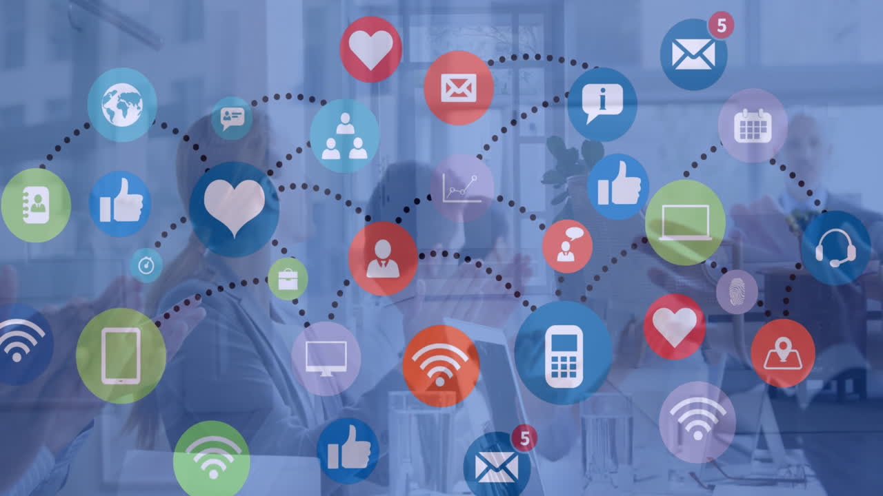 아이콘과 데이터 처리와 비즈니스 사람들에 대한 연결의 애니메이션