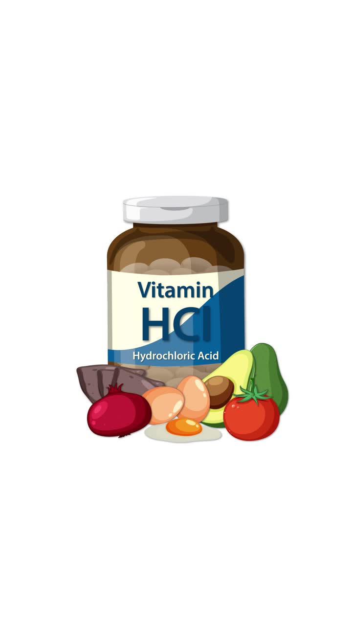 Flacone di Vitamina HCl gradualmente circondato da verdure colorate, sfondo bianco pulito, transizioni fluide.
