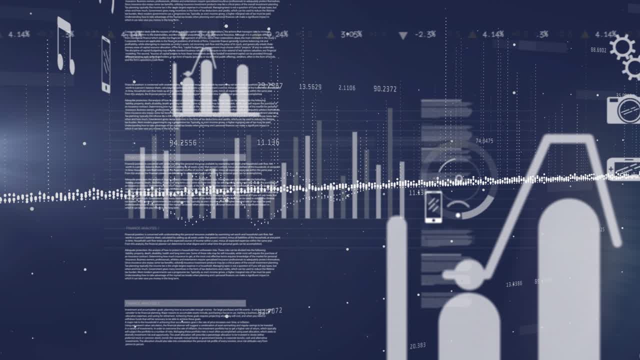 Animation of financial data processing over blue background