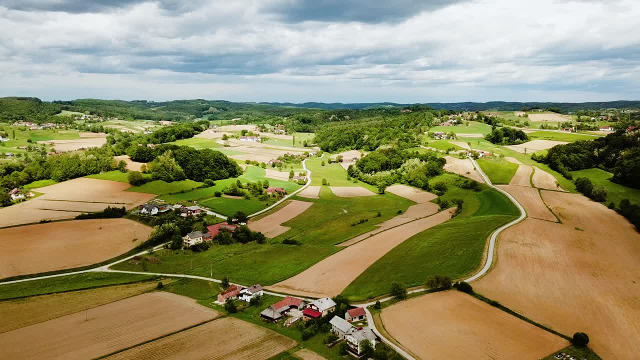 Scatto aereo del paesaggio rurale sloveno con colline, case, campi agricoli e alberi, sotto un cielo nuvoloso, Slovenia, Europa.