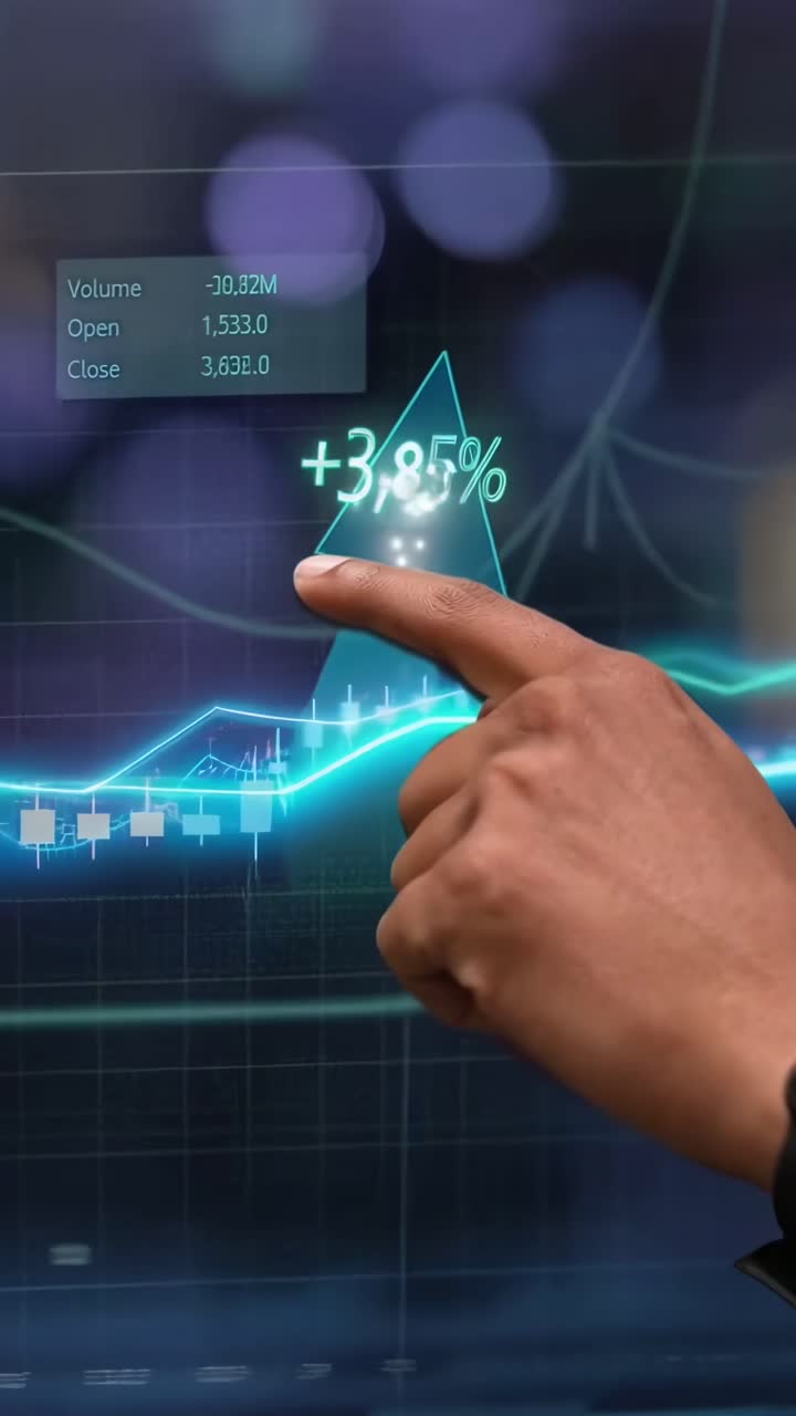 Primo piano di una mano con un grafico azionario digitale, angolato per un effetto video dinamico