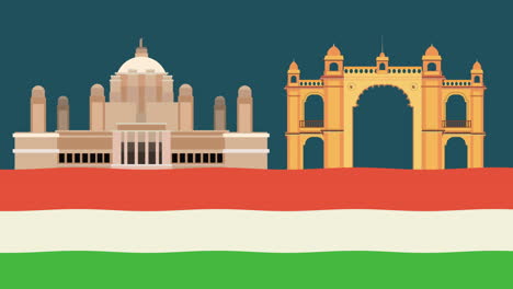 india celebration animation with taj mahal and arch in flag