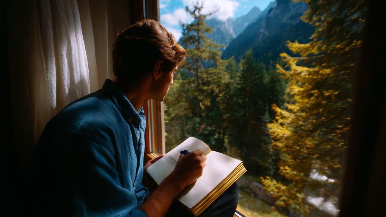 A Creative Moment Captured: A Young Individual Reflects and Writes in a Notebook While Gazing at an Inspiring Scenic View of Mountains and Lush Trees Through a Window, Combining Nature and Creativity