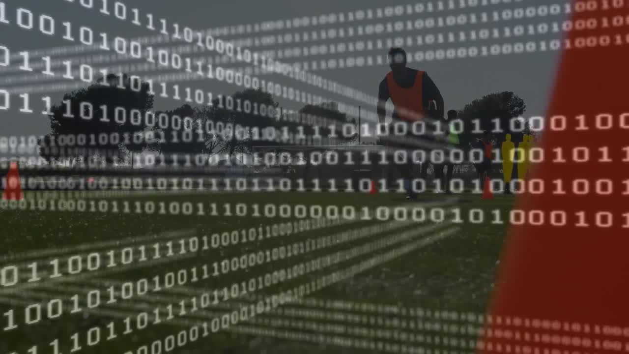 animación de codificación binaria y procesamiento de datos sobre jugadores de fútbol