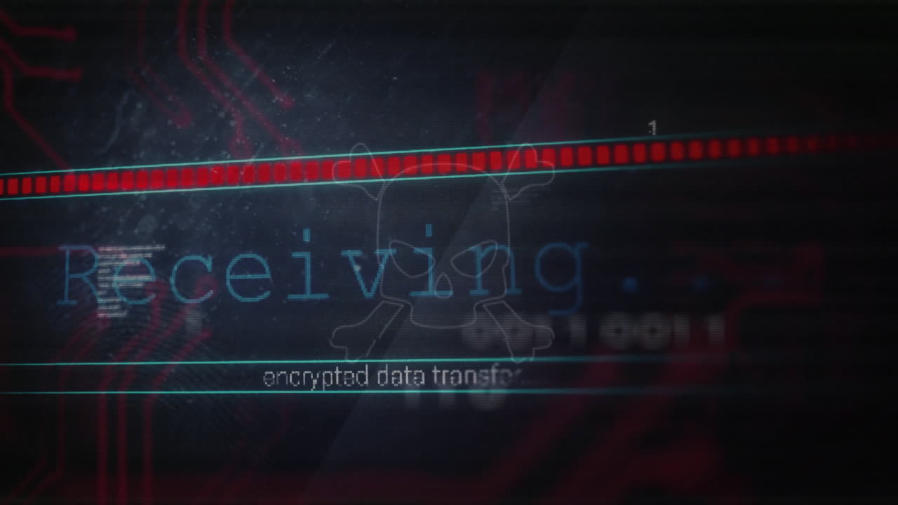 Skull icon glitching over red segmented bar, binary digits streaming above, circuits flashing