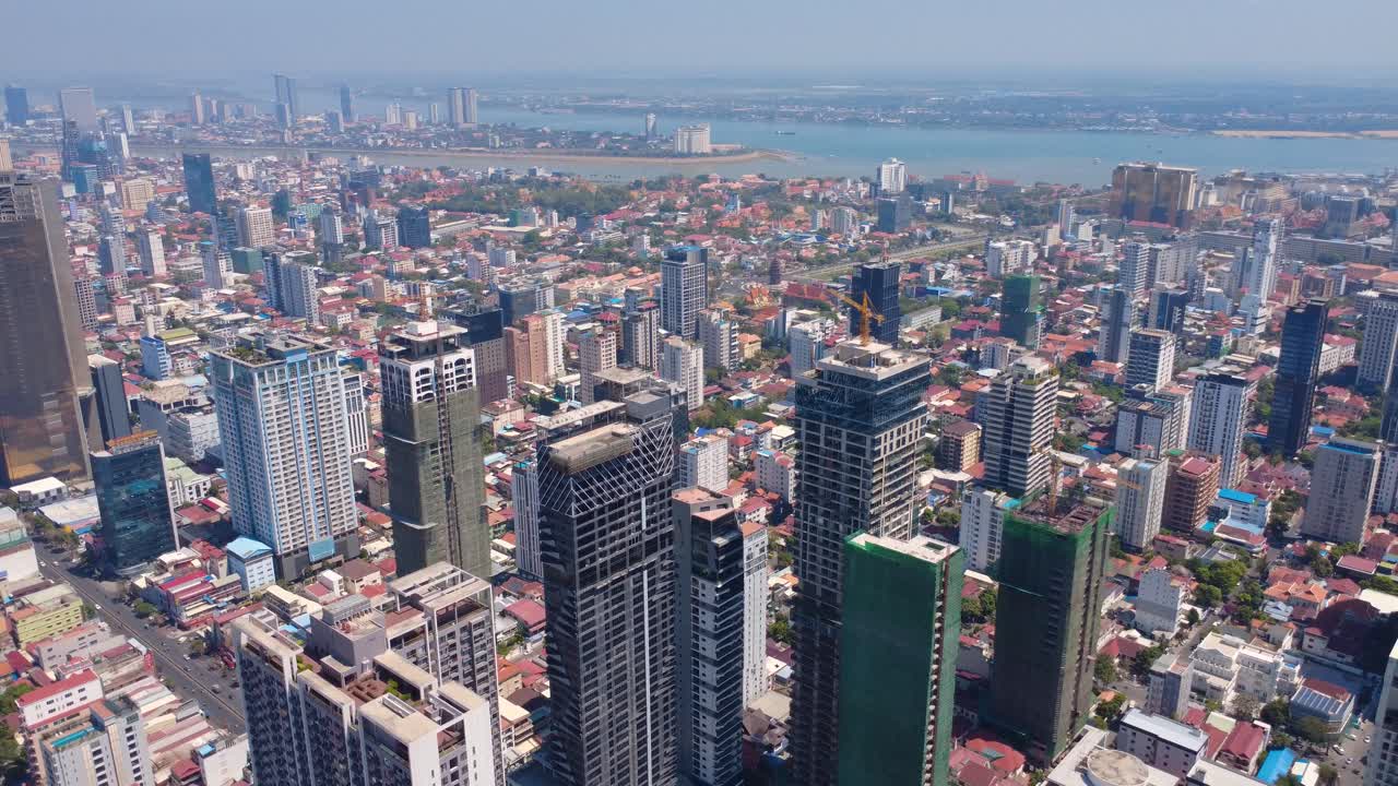 Phnom penh city, showcasing chamkar mon with skyscrapers and urban landscape, aerial view