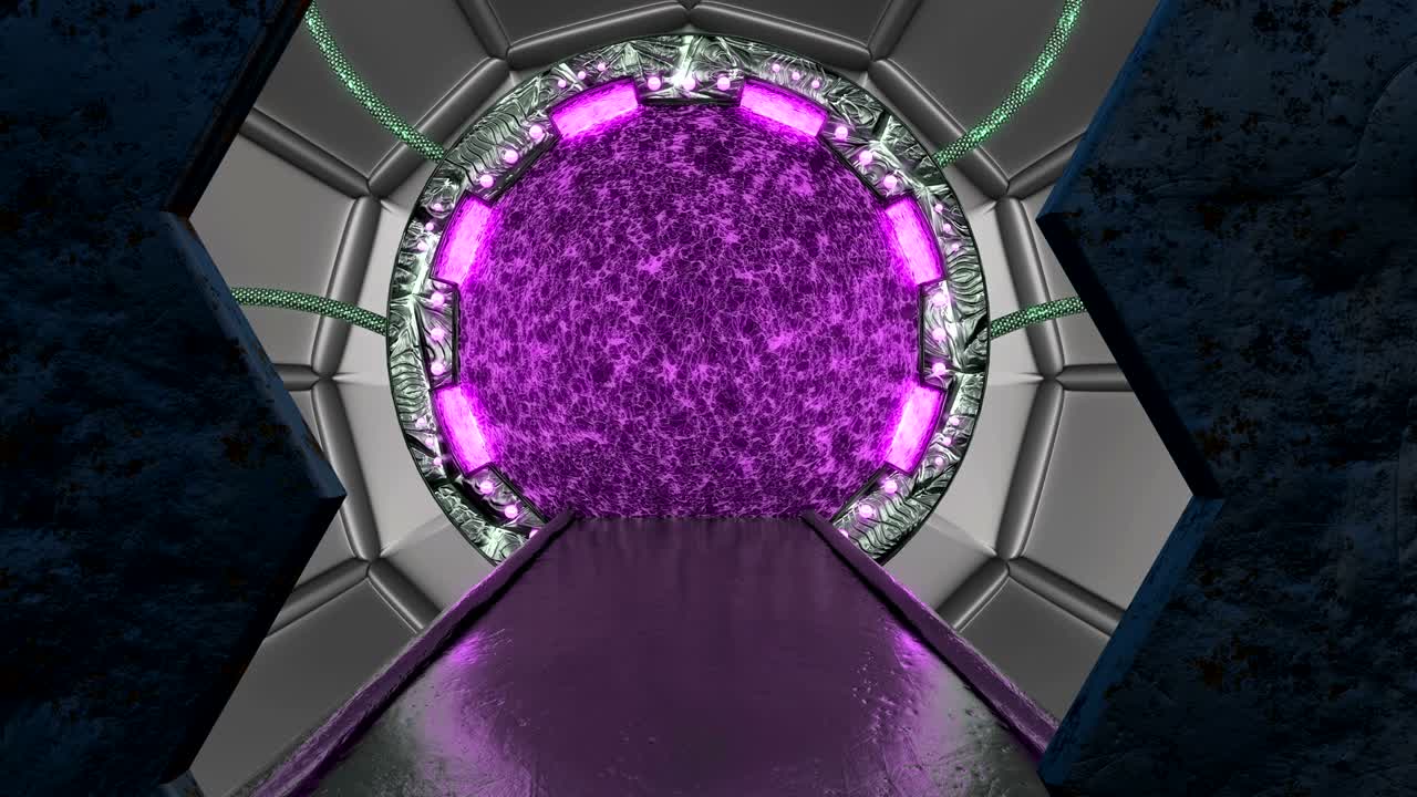 панорамный вид на станционную пейзажную сцену. 3d абстрактный фон научно-фантастического коридора с порталом. футуристическая технология абстрактная бесшовная vj для технических названий и фона.