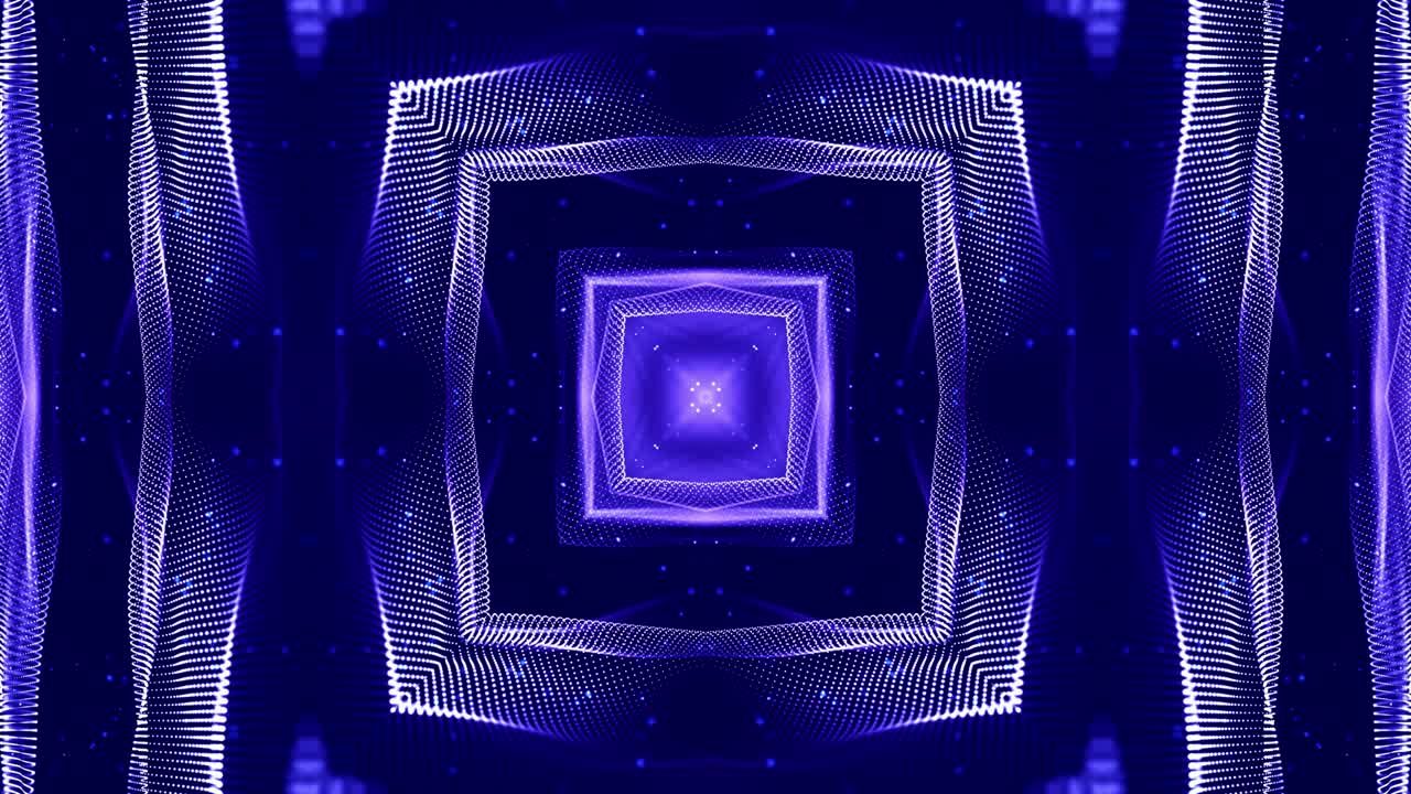 4k looped sci-fi 3d background with light effects. Glow blue particles form lines, surfaces, complex symmetrical structures like in kaleidoscope. Abstract theme of microworld or nanotechnology 16
