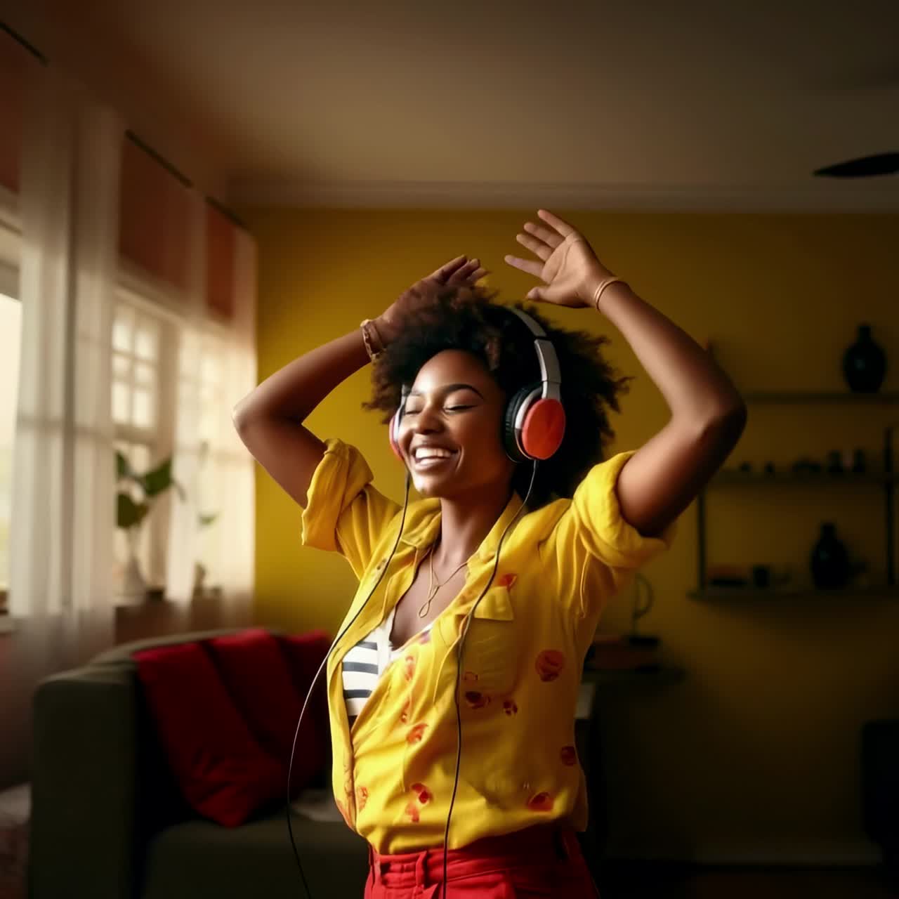 A joyful woman dances with headphones in a cozy room. Captured from a low angle, the vibrant colors