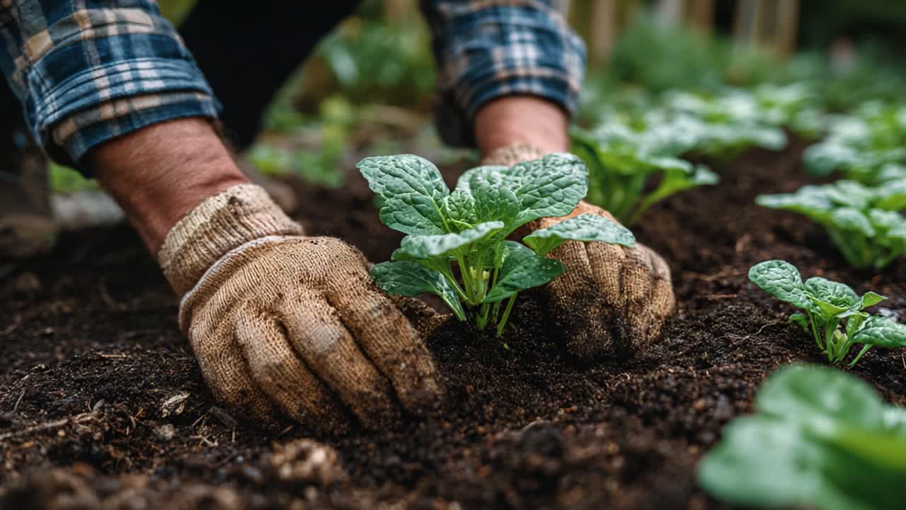 Giardiniere che si prende cura di piantine sane in terriccio fresco: primo piano sulle tecniche di semina efficaci per giardini rigogliosi