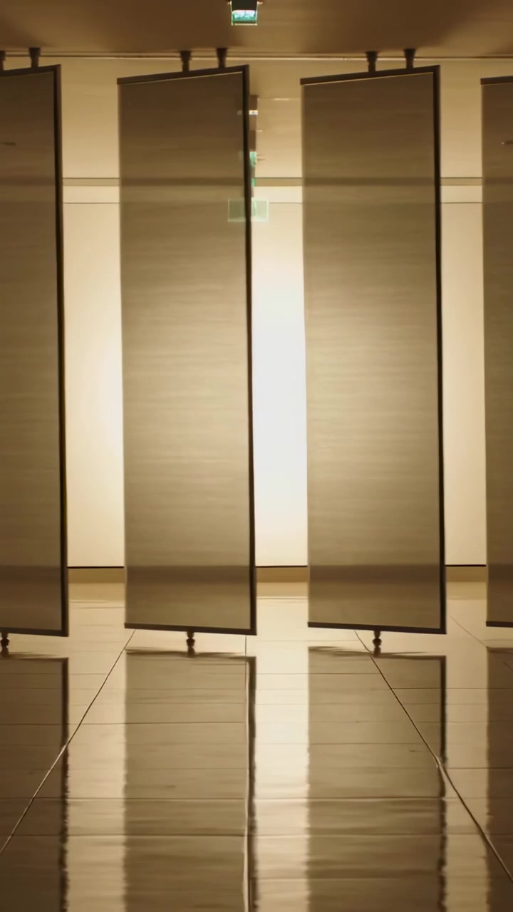 Vídeo vertical: Três painéis translúcidos balançando, movidos por uma ventilação em uma galeria, refletindo em piso de azulejos