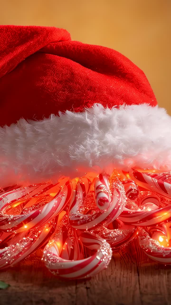 Vertical video: Resting red plush Santa hat covering candy canes on wood table, pulsing LED lights