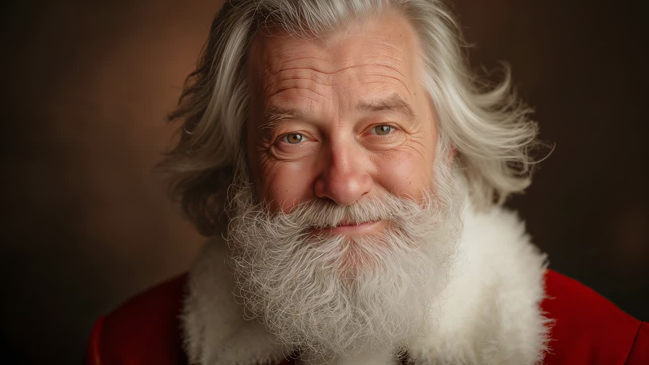 Smiling Santa-figure showing subtle shifts in studio after breeze, wearing red coat with fur collar