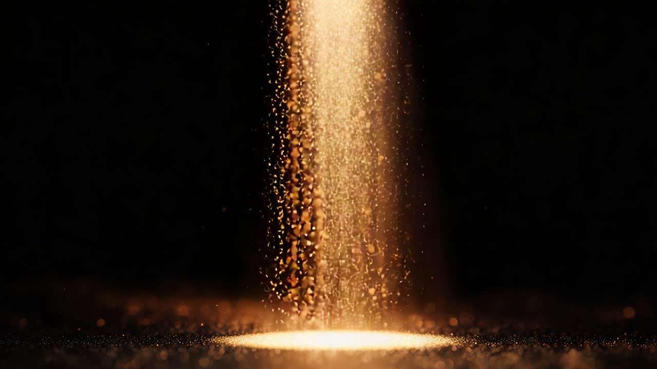 A stunning display of luminous particles cascading in a vertical stream, illuminating the darkness with a brilliant golden glow, creating a mesmerizing and enchanting effect