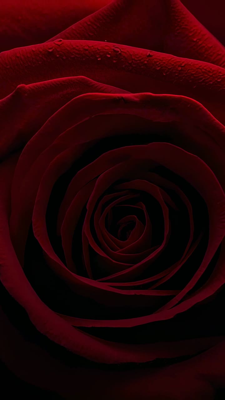 Video verticale: obiettivo mobile che rivela una rosa rosso scuro con petali e goccioline per i dettagli su sfondo nero