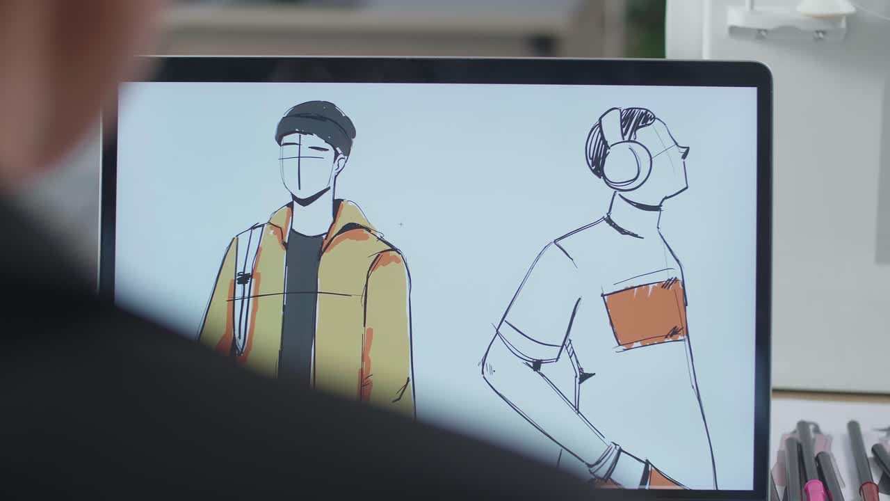 vista por encima del hombro de una diseñadora diseñando ropa en una computadora portátil en el estudio. concepto de procedimiento de producción de vestidos. juegos cibernéticos ropa y diseño