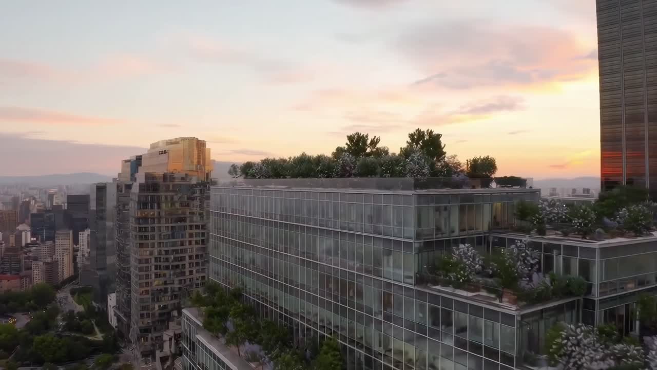Vídeo aéreo de arranha-céu moderno com jardins na cobertura ao pôr do sol, filmado de cima.