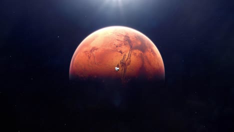 Weitwinkelaufnahme-Eines-Asteroiden,-Der-An-Der-Kamera-Vorbeifliegt-Und-Auf-Dem-Roten-Planeten-Mars-Einschlägt